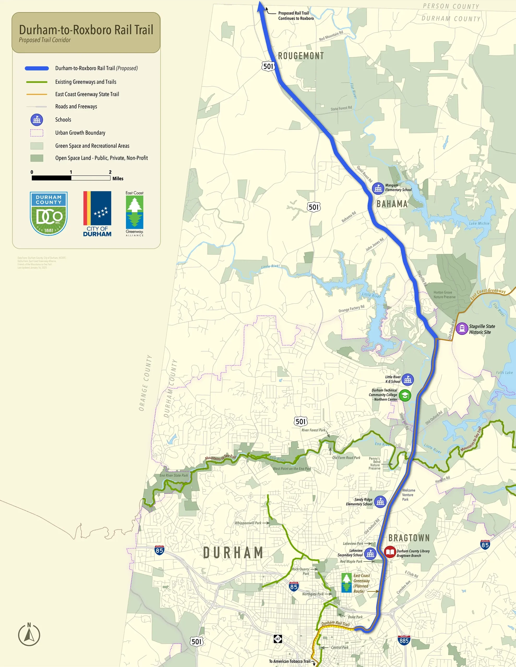 Overview map of the Durham-to-Roxboro proposed rail trail corridor.